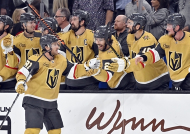 Vegas Golden Knights right wing Jonathan Marchessault (81) celebrates with the bench his shootout goal against the Dallas Stars on Tuesday, Oct. 17, 2023, in Las Vegas. 

