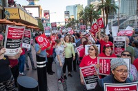 Members of the Culinary Workers Union Local 226 participated in a rally that culminated in the arrest of 75 hospitality workers Wednesday night on the Las Vegas Strip ...