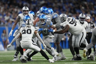 Detroit Lions running back Craig Reynolds (13) rushes during the first half against the Las Vegas Raiders, Monday, Oct. 30, 2023, in Detroit. 


