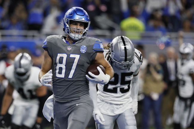 Detroit Lions tight end Sam LaPorta (87) runs into the endzone after an 18-yard pass reception for a touchdown during the first half against the Las Vegas Raiders, Monday, Oct. 30, 2023, in Detroit. 


