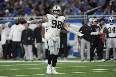 Las Vegas Raiders defensive end Maxx Crosby reacts after a play during the second half sgainst the Detroit Lions, Monday, Oct. 30, 2023, in Detroit.


