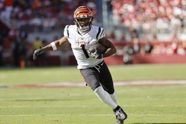 Cincinnati Bengals wide receiver Ja’Marr Chase (1) runs with the ball during the first half of an NFL football game against the San Francisco 49ers in Santa Clara, Calif., Sunday, Oct. 29, 2023.