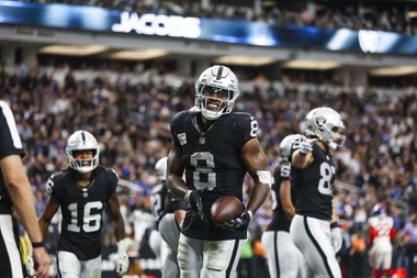 Las Vegas Raiders running back Josh Jacobs (8) reacts after he scores a touchdown during the first half of a NFL football game against the New York Giants at Allegiant Stadium Sunday, Nov. 5, 2023.