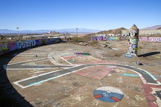 A view of a flotation cell at the Three Kids Mine Wednesday, Nov. 8, 2023, in Henderson. The cells, part of the mining refinement process, have been taken over by skateboarders and graffiti artists. The open-pit manganese mine operated from 1917 to 1961.