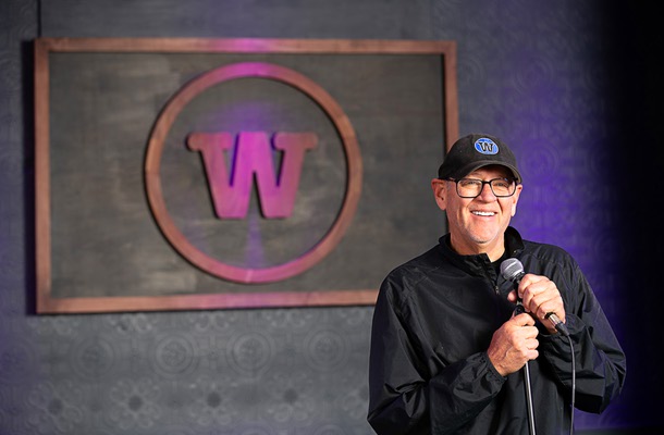 Keith Stubbs, owner of Wiseguys comedy clubs, poses on stage in the Town Square location Tuesday, Nov. 14, 2023. Stubbs also owns three clubs in Utah and a club in the Las Vegas Arts District.