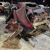 This photo released by the North Las Vegas Police Department shows a wrecked Dodge Challenger, Jan. 29, 2022, in North Las Vegas.