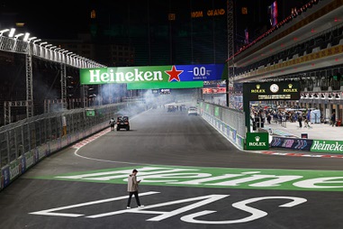 A view of the race track in front of the grandstands before practice for the Formula 1 Heineken Silver Las Vegas Grand Prix Friday, Nov. 17, 2023.