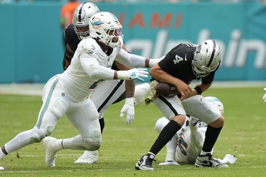 Las Vegas Raiders quarterback Aidan O’Connell (4) is sacked by Miami Dolphins linebackers Bradley Chubb (2) and Jaelan Phillips (15) during the second half of an NFL football game, Sunday, Nov. 19, 2023, in Miami Gardens, Fla.