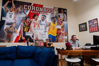 Inside look at Coronado High Schools head coach Jeff Kaufmanns office, where he has a wall of all the kids that have moved on to continue their basketball careers in Henderson, Nevada, Monday, November 20, 2023.