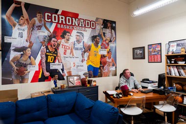 Coronado High School basketball coach Jeff Kaufman is pictured inside his office adjacent to the Cougars’ gym on Monday, Nov. 20, 2023. 