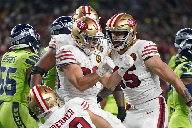 San Francisco 49ers running back Christian McCaffrey (23) reacts after scoring a touchdown during the first half of an NFL football game against the Seattle Seahawks, Thursday, Nov. 23, 2023, in Seattle. 
