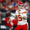 Kansas City Chiefs quarterback Patrick Mahomes (15) looks to throw the ball during the first half of an NFL football game against the Las Vegas Raiders at Allegiant Stadium Sunday, Nov. 26, 2023.