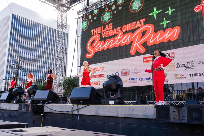 SPICE Wannabe performs Wannabe at the pre-show festivities at the Las Vegas Great Santa Run on Saturday, Dec. 2, 2023.