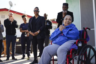 Alfreda Ferrell, 89, granddaughter of African American journalist and civil right activist Ida B. Wells-Barnett, smiles as volunteers gather to begin renovations on her home in the Historic Westside of Las Vegas Monday, Dec. 4, 2023.