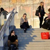 Photo: UNLV students wait on the steps on the Thomas & Ma
