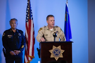 Las Vegas Sheriff Kevin McMahill briefs the media, alongside Chief Adam Garcia of the University Police, regarding the active shooter situation at UNLV today, Wed. Dec 6, 2023.