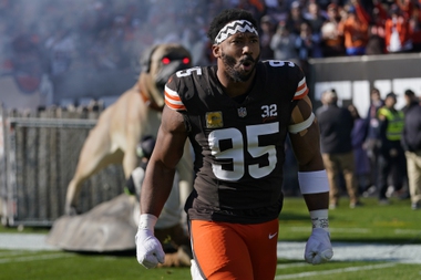 Cleveland Browns defensive end Myles Garrett (95) is introduced before an NFL football game between the Pittsburgh Steelers and the Cleveland Browns, Sunday, Nov. 19, 2023, in Cleveland.