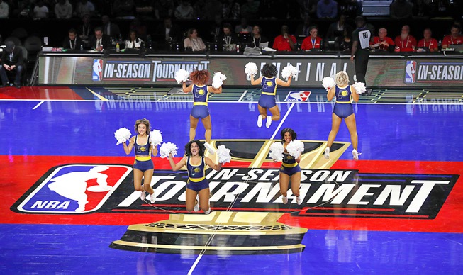 Cheerleaders perform during an NBA In-Season Tournament semifinal game between the Milwaukee Bucks and the Indiana Pacers at T-Mobile Arena Thursday, Dec. 7, 2023, in Las Vegas.