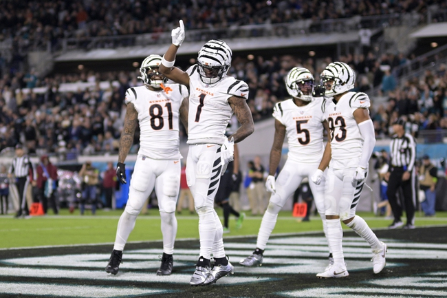 Cincinnati Bengals wide receiver Ja'Marr Chase (1) celebrates in the end zone after scoring a touchdown on a pass play during the second half of an NFL football game against the Jacksonville Jaguars, Monday, Dec. 4, 2023, in Jacksonville, Fla.