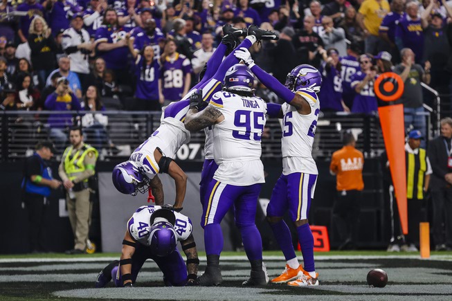 Minnesota Vikings cornerback Mekhi Blackmon (5) celebrates with his team after a fumble recovery during the second half of an NFL football game against the Las Vegas Raiders at Allegiant Stadium Sunday, Dec. 10, 2023.