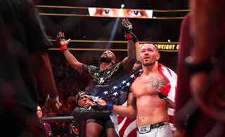 UFC welterweight champion Leon Edwards, left, celebrates after being declared the winner by unanimous decision over Colby Covington, right, during UFC 296 at T-Mobile Arena Saturday, Dec. 16, 2023, in Las Vegas.