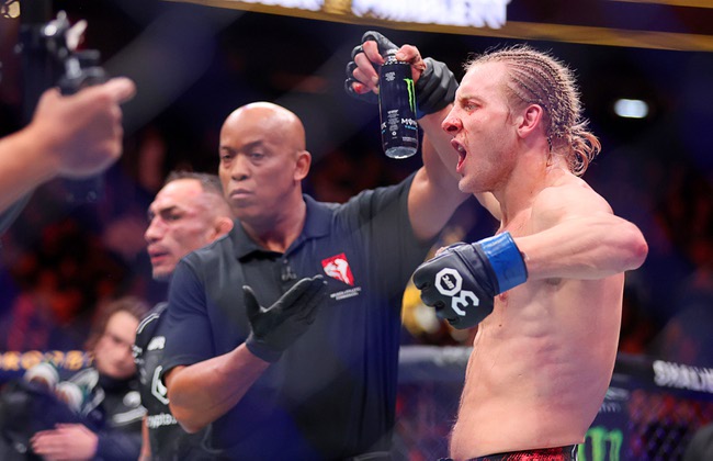 Lightweight fighter Paddy Pimblett is declared the winner over Tony Ferguson during UFC 296 at T-Mobile Arena Saturday, Dec. 16, 2023. Pimblett won the lightweight match by unanimous decision.