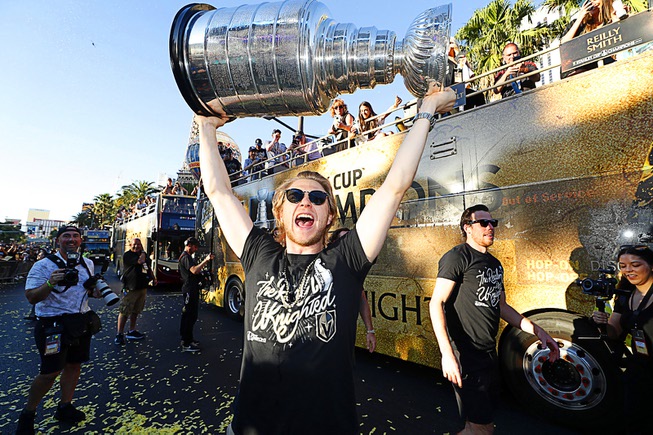 Vegas Golden Knights center William Karlsson celebrates during a Golden Knights victory parade on the Las Vegas Strip Saturday, June 17, 2023. The Golden Knights defeated the Florida Panthers at T-Mobile Arena Tuesday to win the Stanley Cup Final.