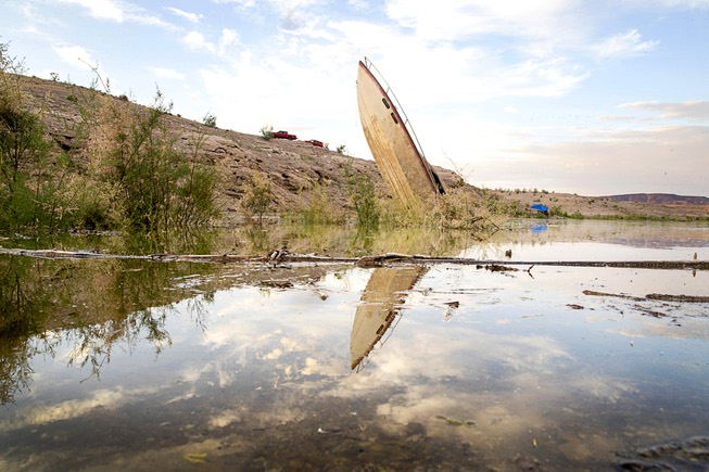 A view of the vertical boat in the Lake Mead National Recreation Area Monday, May 15, 2023. The boat was on dry land in June 2022, but after water releases at Lake Powell, the boat is back in the water.