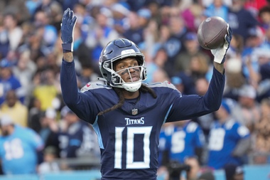 Tennessee Titans wide receiver DeAndre Hopkins (10) celebrates a touchdown against the Indianapolis Colts during the second half of an NFL football game Sunday, Dec. 3, 2023, in Nashville, Tenn.