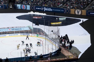 The Seattle Kraken and the Vegas Golden Knights face off during the first period of the NHL Winter Classic hockey game, Monday, Jan. 1, 2024, in Seattle. 


