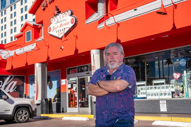 Wade Bohn, owner of Jay's Market on Flamingo Road, stands under the temporary bridge that was constructed in front of his business at the corner of Koval Lane and Flamingo as part of remaking the Resort Corridor for the Formula One race in November.