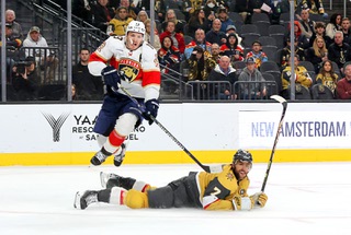 Florida Panthers left wing Matthew Tkachuk (19) jumps over Vegas Golden Knights defenseman Alex Pietrangelo (7) during the second period of an NHL hockey game at T-Mobile Arena Thursday, Jan. 4, 2024.