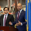 Nevada Attorney General Aaron Ford, alongside Nevada Secretary of State Francisco Aguilar, speaks to the media regarding security procedures and enforcement for the upcoming 2024 election cycle Wednesday Jan 10, 2024.