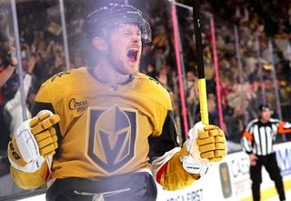 Vegas Golden Knights center Jack Eichel celebrates after scoring against the Boston Bruins  in the third period of an NHL hockey game at T-Mobile Arena Thursday, Jan 11, 2024.