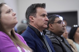 Texas State Sen. Roland Gutierrez, D-Texas, center, sits with family members of shooting victims as they listen to Attorney General Merrick B. Garland and Associate Attorney General Vanita Gupta during a news conference were they shared the findings of a federal report into the law enforcement response to a school shooting at Robb Elementary, Thursday, Jan. 18, 2024, in Uvalde, Texas. 


