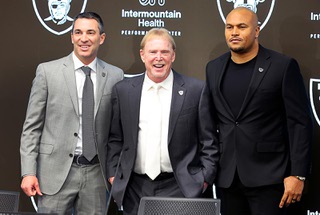 Raiders owner Mark Davis, center, poses with new general manager Tom Telesco, left, and head coach Antonio Pierce during a news conference at Raiders Headquarters/Intermountain Health Performance Center in Henderson Wednesday, Jan. 24, 2024.