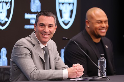 Raiders general manager Tom Telesco, left, and head coach Antonio Pierce respond to questions from reporters during a news conference at Raiders Headquarters/Intermountain Health Performance Center in Henderson Wednesday, Jan. 24, 2024.