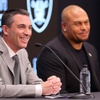 Raiders general manager Tom Telesco, left, and head coach Antonio Pierce respond to questions from reporters during a news conference at Raiders Headquarters/Intermountain Health Performance Center in Henderson Wednesday, Jan. 24, 2024.