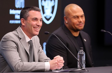 Raiders general manager Tom Telesco, left, and head coach Antonio Pierce respond to questions from reporters during a news conference at Raiders Headquarters/Intermountain Health Performance Center in Henderson Wednesday, Jan. 24, 2024.
