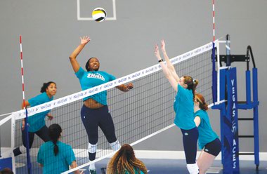 Amani McArthur spikes during the first day of Vegas Thrill training camp at the Vegas Aces volleyball facility in Henderson. The new professional volleyball team will have its home opener at the Dollar Loan Center on February 15