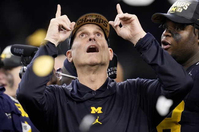 Michigan head coach Jim Harbaugh celebrates after their win against Washington in the national championship NCAA College Football Playoff game Monday, Jan. 8, 2024, in Houston. 


