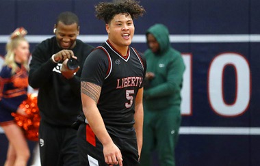 Liberty forward Andre Porter (5) celebrates after Liberty defeated Bishop Gorman, 72-65, during a high school basketball game at Liberty High School in Henderson Friday, Feb. 2, 2024.