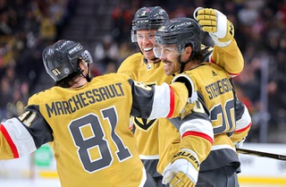 Vegas Golden Knights right wing Jonathan Marchessault (81) and defenseman Brayden McNabb (3) celebrate with Chandler Stephenson (20) after Stephensons goal against the Edmonton Oilers during the third period of an NHL hockey game at T-Mobile Arena Tuesday, Feb. 6, 2024.