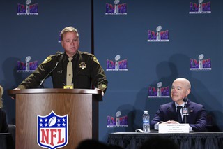 Las Vegas Metropolitan Police Department Sheriff Kevin McMahill speaks during a press conference held to discuss security measures for Super Bowl LVIII at the Mandalay Bay convention center Wednesday, Feb. 7, 2024. U.S. Department of Homeland Security Secretary Alejandro M. Mayorkas sits at the right.