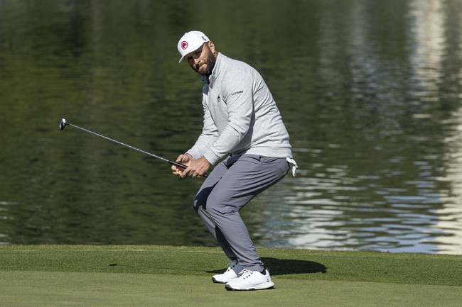 Jon Rahm reacts to his putt on the ninth green during the second round of LIV Golf Las Vegas at Las Vegas Country Club on Friday, Feb. 9, 2024, in Las Vegas. 


