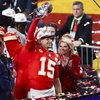 Kansas City Chiefs quarterback Patrick Mahomes (15) holds the The Vince Lombardi Trophy after his team defeats the San Francisco 49ers, 25-22, during overtime of the NFL Super Bowl 58 football game at Allegiant Stadium in Las Vegas Sunday, Feb. 11, 2024.