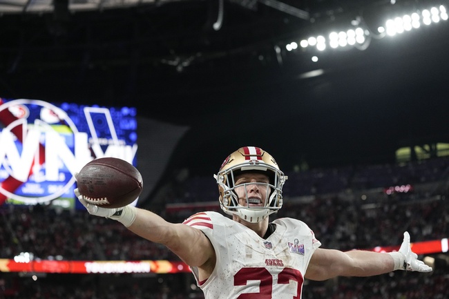 San Francisco 49ers running back Christian McCaffrey (23) celebrates his touchdown against the Kansas City Chiefs during the first half of the NFL Super Bowl 58 football game Sunday, Feb. 11, 2024, in Las Vegas. 