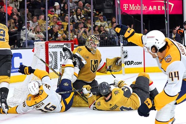 A rough defensive outing, coupled by a rare struggling start for goalie Adin Hill, put the Golden Knights in an early hole they couldn't get out of in a 5-3 loss to the Nashville Predators at T-Mobile Arena on Tuesday.