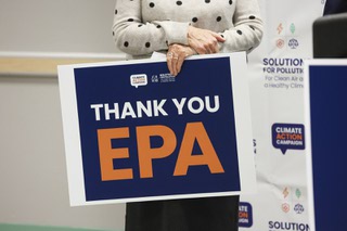 Congresswoman Dina Titus (D-NV 1st District) holds a sign during a press conference held to announce the EPA‚Äôs new standard to reduce soot pollution Tuesday, Feb. 20, 2024.