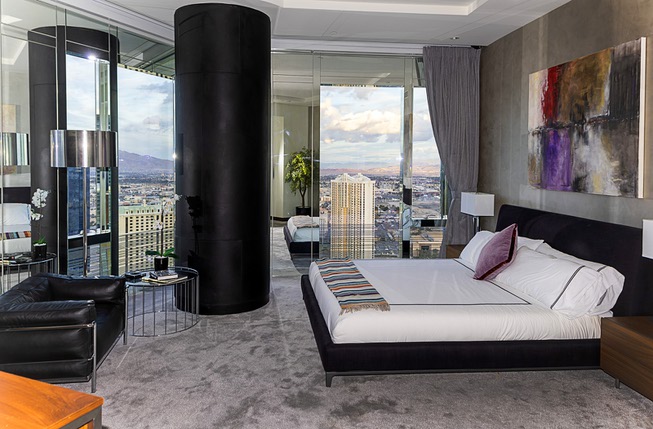 A view of a master bedroom in a Dynasty Penthouse at the Waldorf Astoria Las Vegas Wednesday, Feb. 21, 2024. A similar penthouse at the Waldorf Astoria Las Vegas recently sold for $9.5 million.